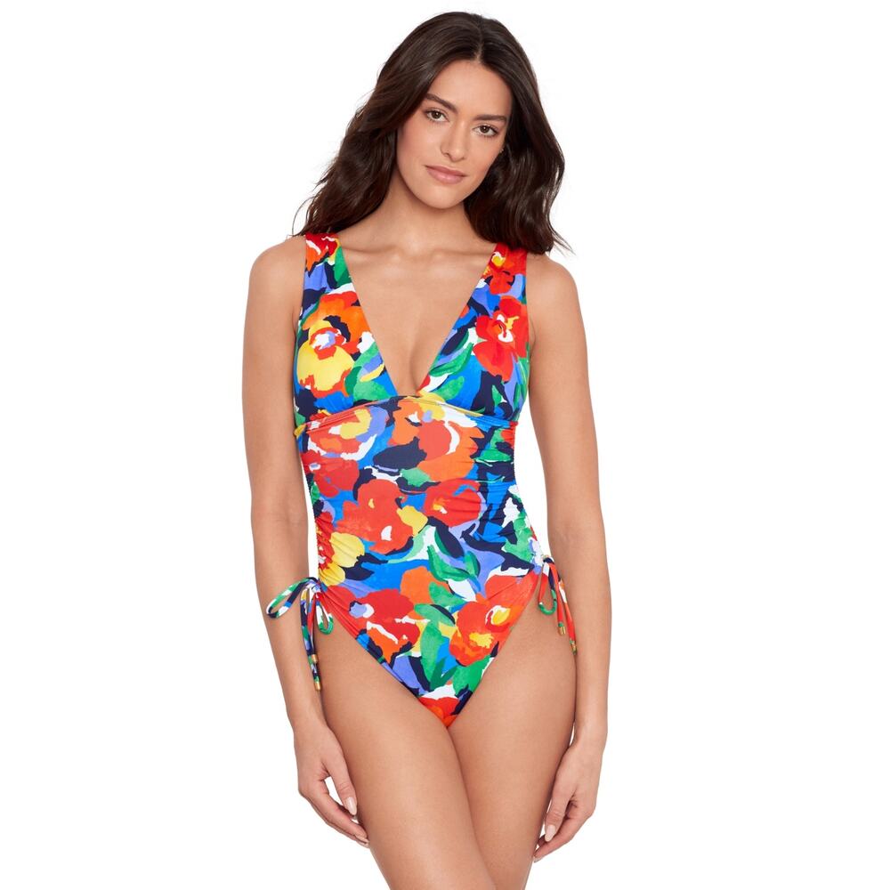 Ralph Lauren Women's Shirred Plunge-Neck One-Piece Swimsuit